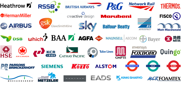 Logos of clients including: RSSB, British Airways, Proctor and Gamble, Network Rail, Herman Miller, Creactive Design, Marubeni, Fisco, Airbus, GlaxoSmithKline, Sky, Balfour Beatty, Mott Macdonald, Which, BAA, HSE, Cathay Pacific, Tubelines, Quingo, Siemens, Alstom, London Buses and Kinki Sharyo.